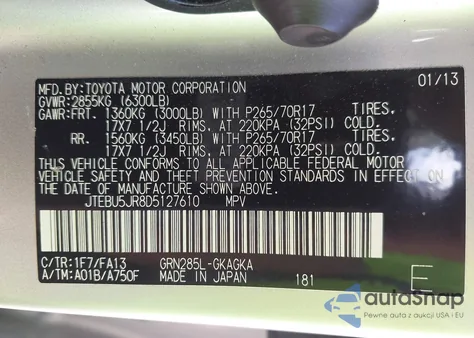 2013 Toyota 4Runner Trail z USA, uszkodzony, nr VIN JTEBU5JR8D5127610